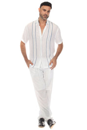 Men's Beach Button Down Shirt Pintuck Trim Contrast Short Sleeve