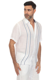 Men's Beach Button Down Shirt Pintuck Trim Contrast Short Sleeve
