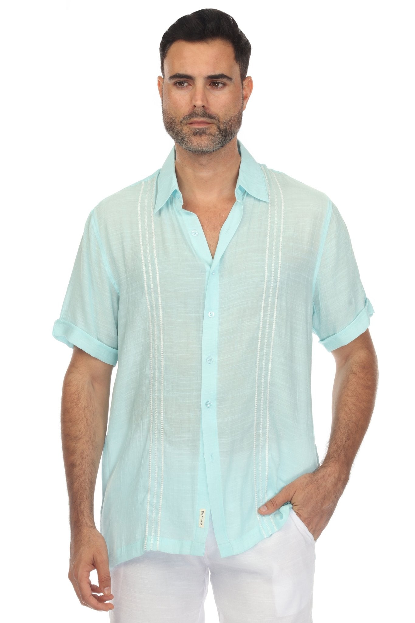 Beach Button Down Shirt with Embroidered Contrast Trim Short Sleeve XX-Large / AQUA-WHITE