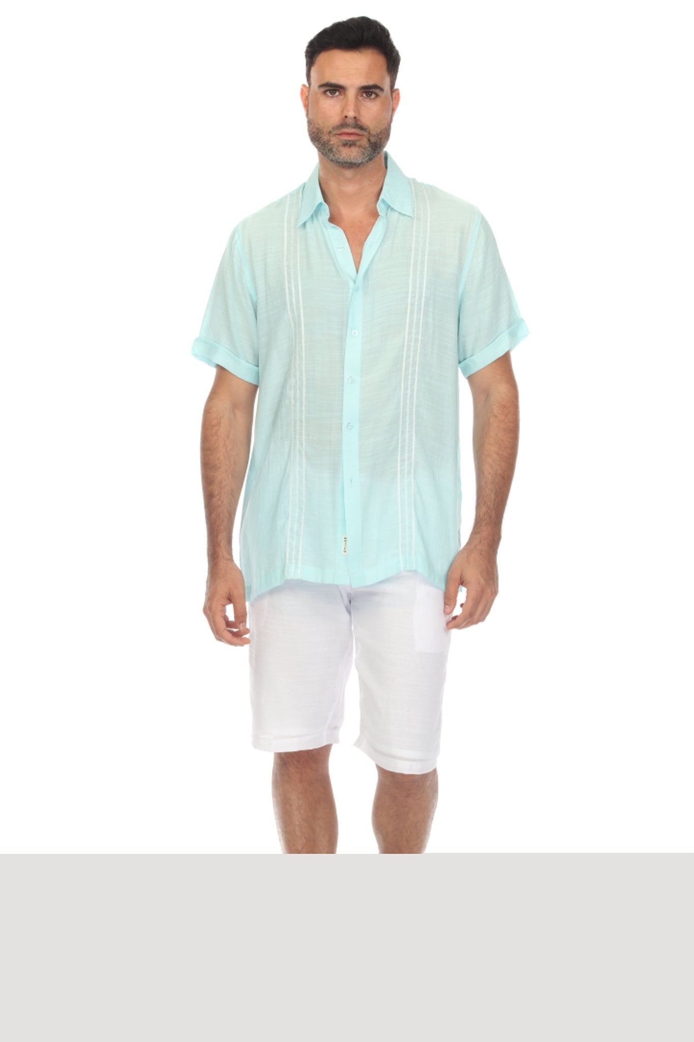 Camisa abotonada de playa con ribete bordado en contraste, manga corta