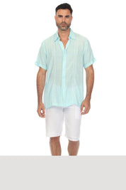 Camisa abotonada de playa con ribete bordado en contraste, manga corta