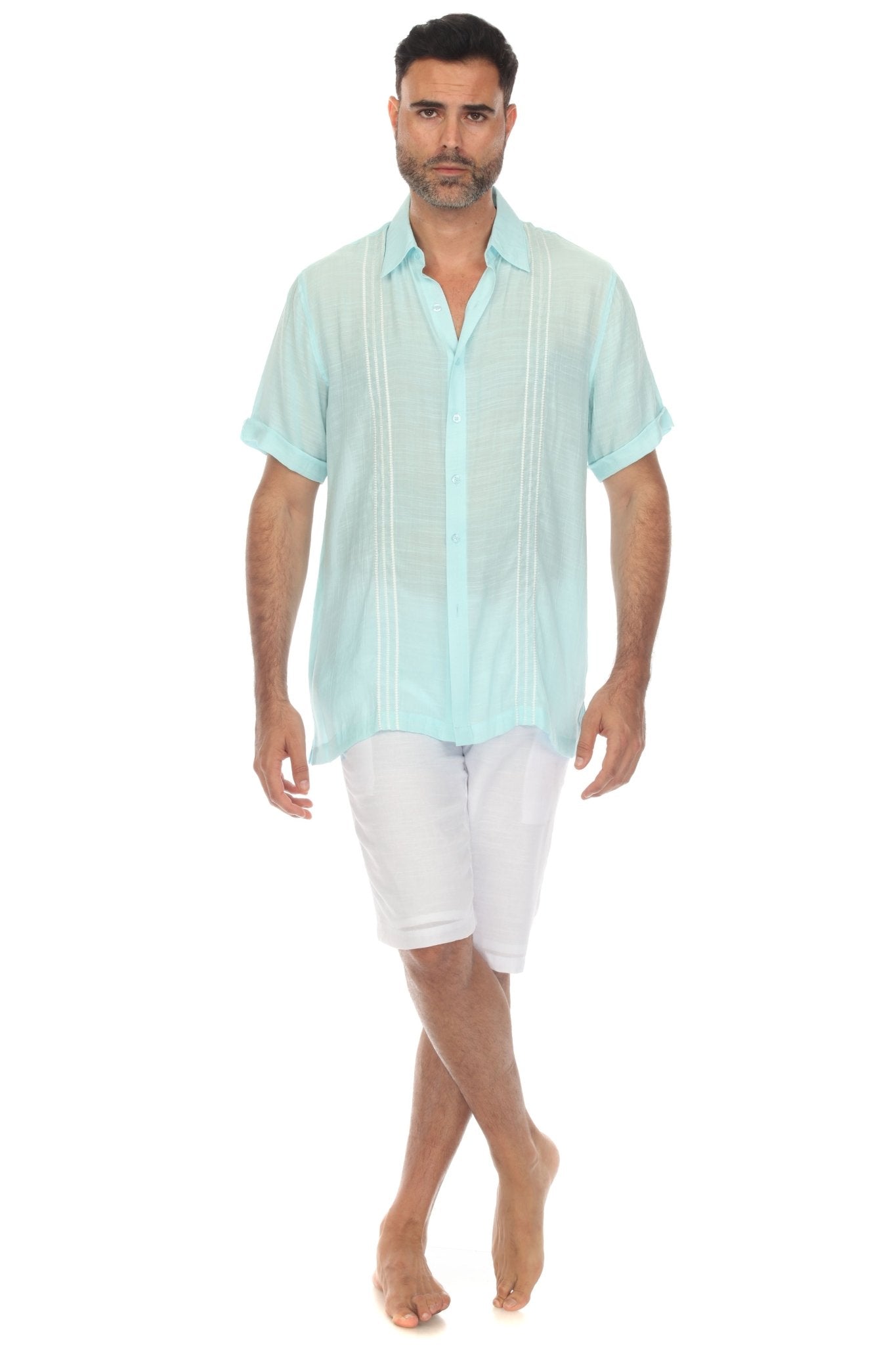 Beach Button Down Shirt with Embroidered Contrast Trim Short Sleeve XX-Large / AQUA-WHITE Beach Button Down Shirt with Embroidered Contrast Trim Short Sleeve XX-Large / AQUA-WHITE