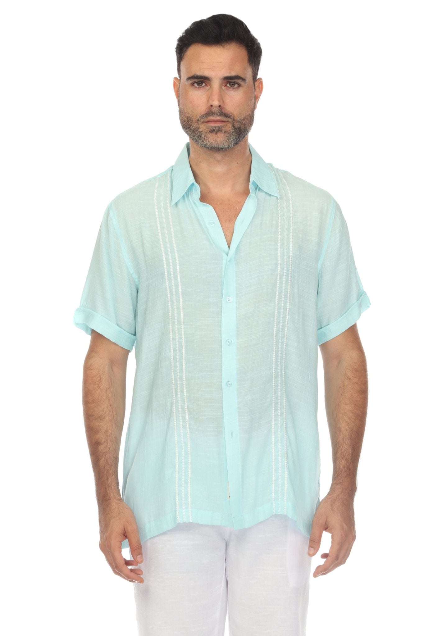 Camisa abotonada de playa con ribete bordado en contraste, manga corta