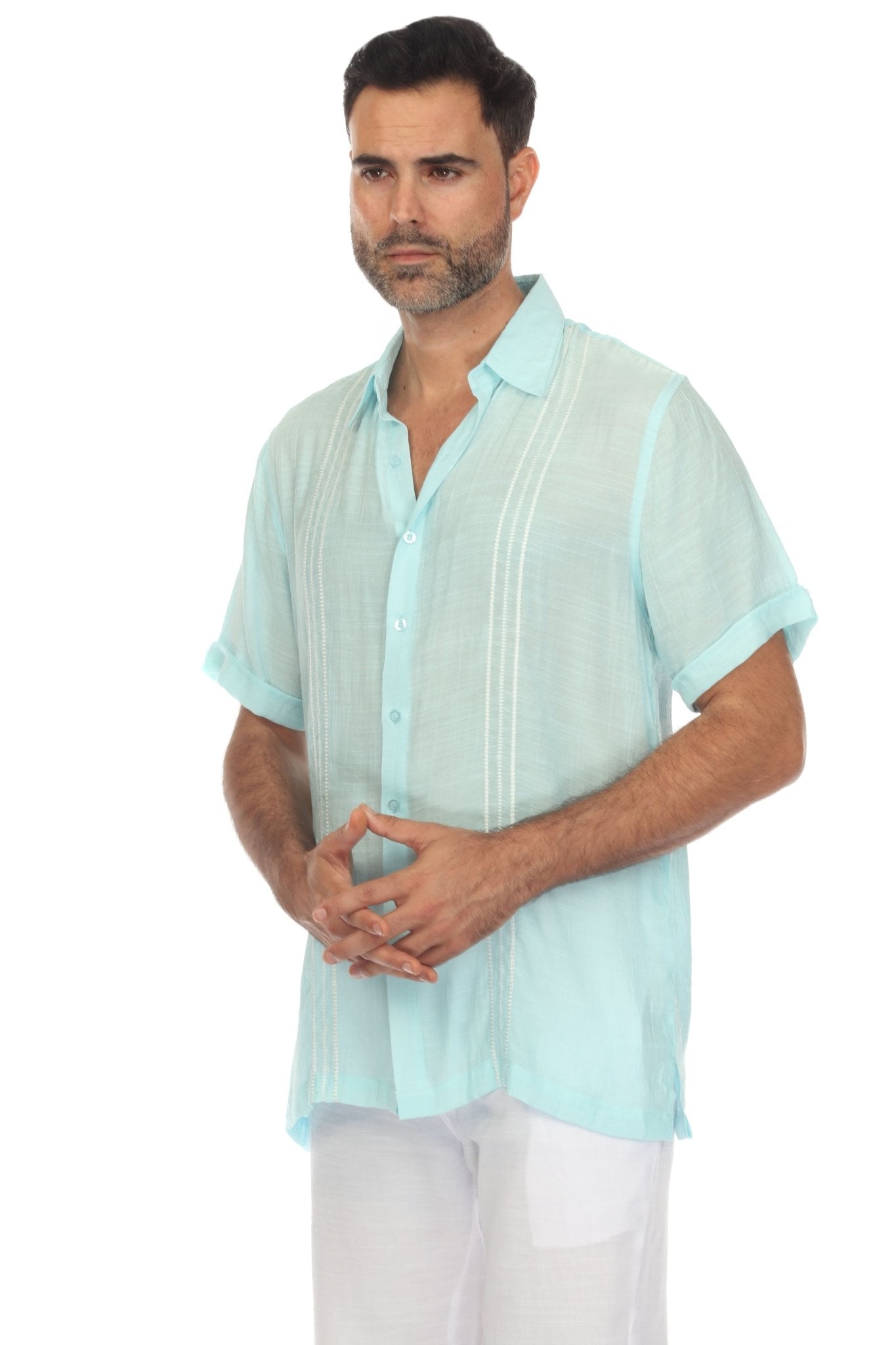 Camisa abotonada de playa con ribete bordado en contraste, manga corta