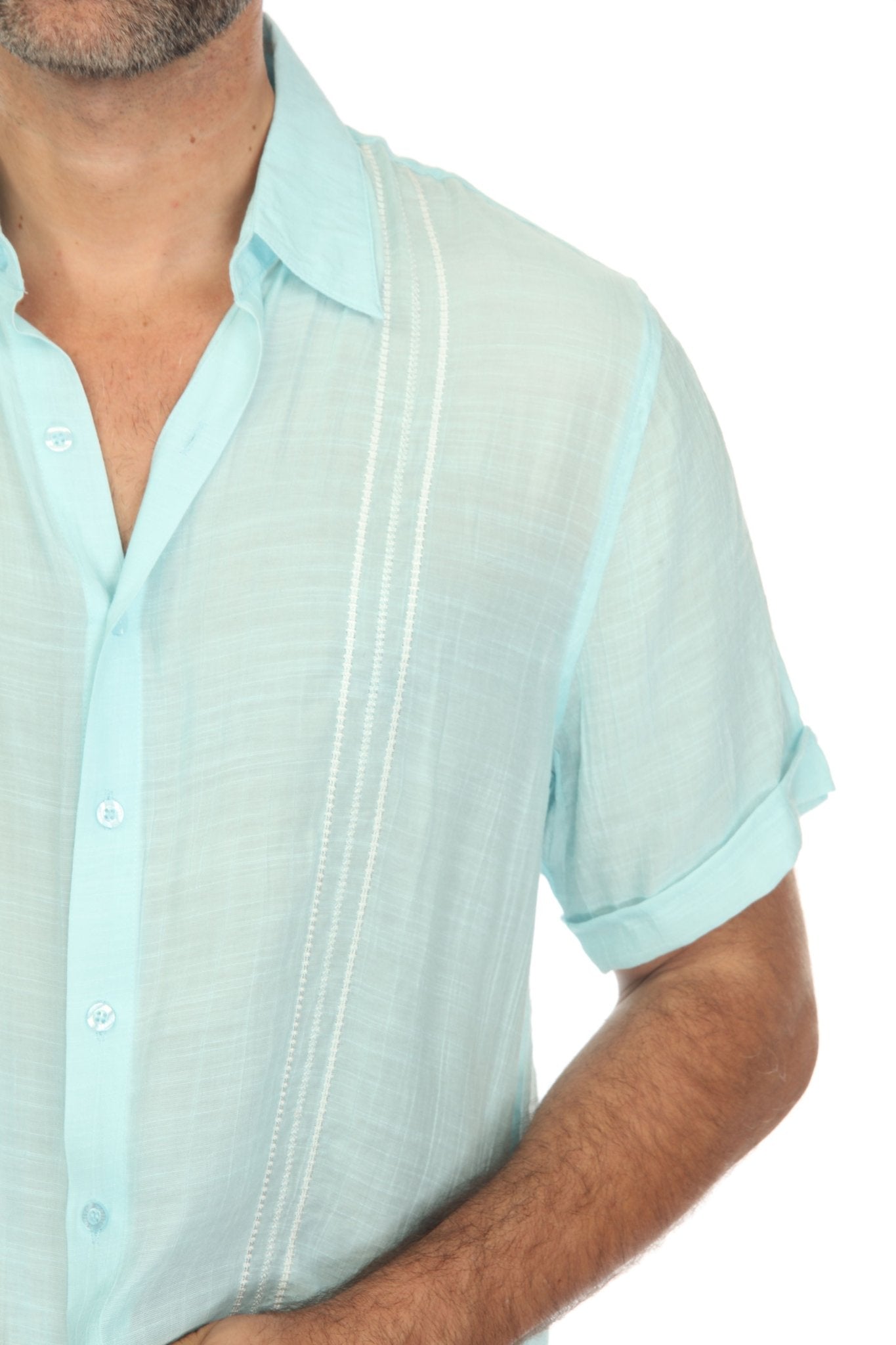 Camisa abotonada de playa con ribete bordado en contraste, manga corta