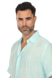 Camisa abotonada de playa con ribete bordado en contraste, manga corta