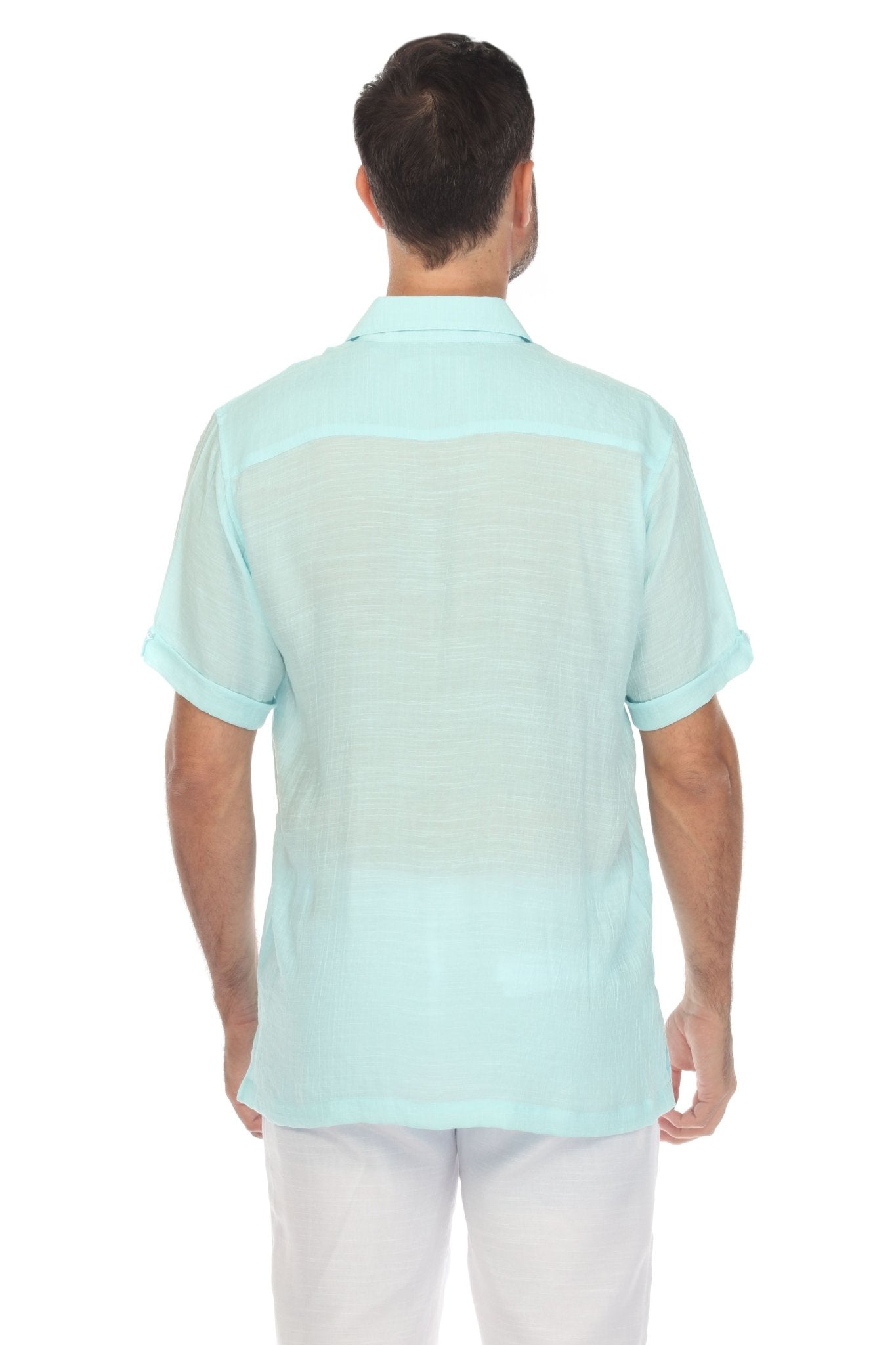 Camisa abotonada de playa con ribete bordado en contraste, manga corta