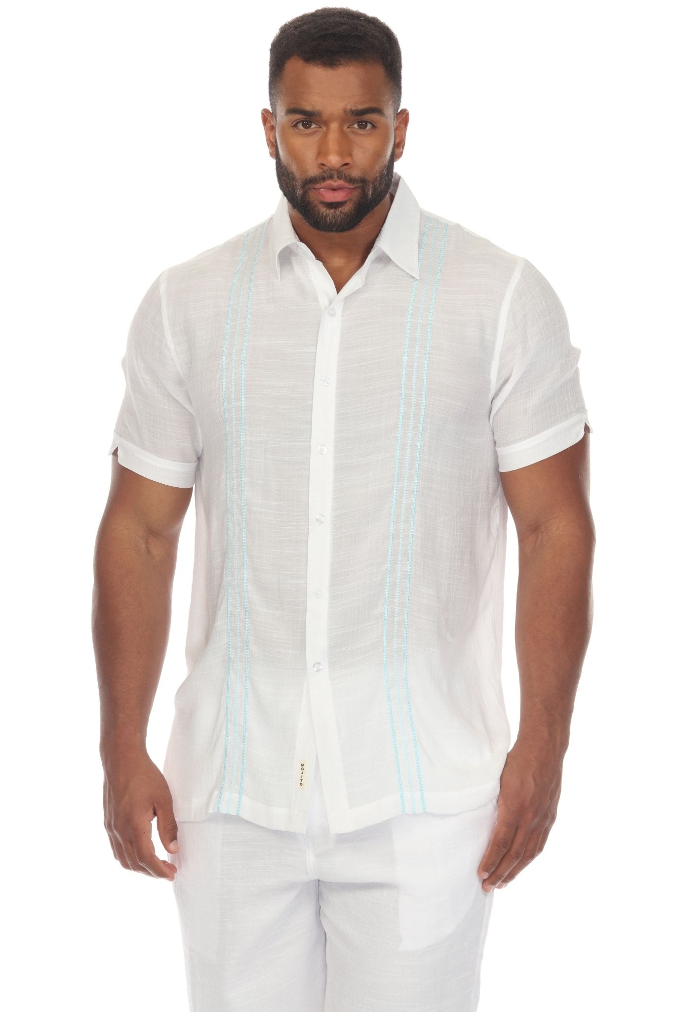 Camisa abotonada de playa con ribete bordado en contraste, manga corta