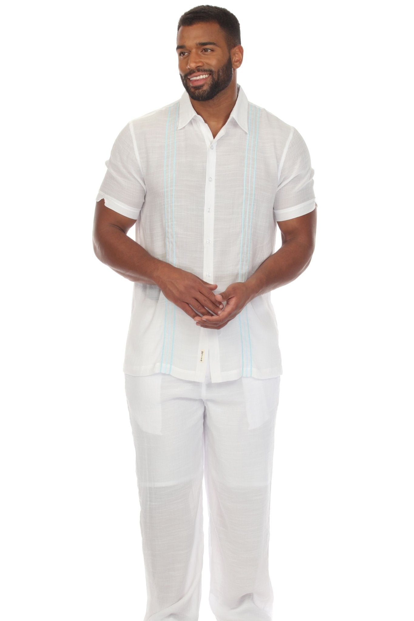 Camisa abotonada de playa con ribete bordado en contraste, manga corta