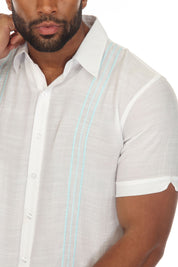 Camisa abotonada de playa con ribete bordado en contraste, manga corta