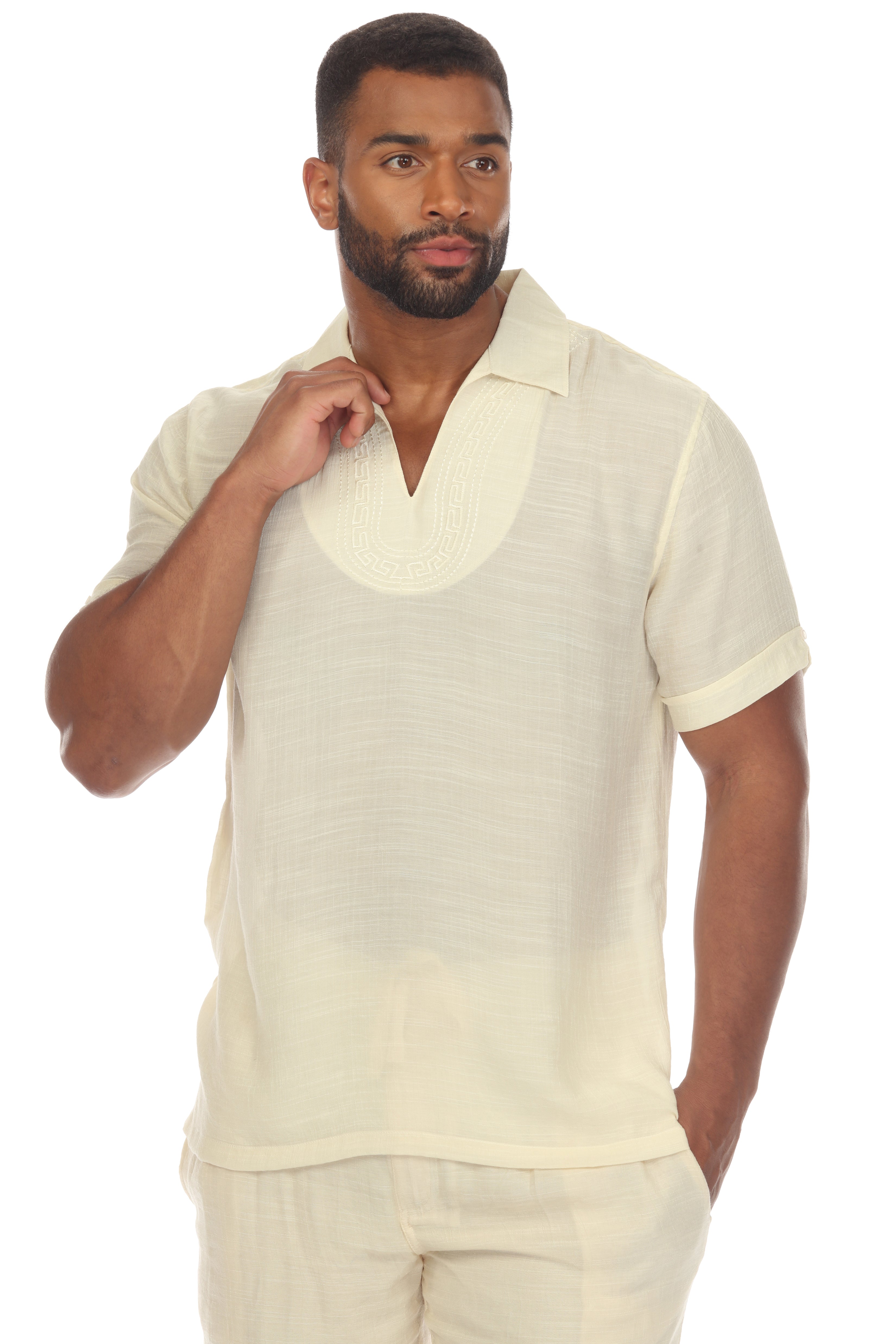 Camisa playera de cuello en V para hombre, manga corta, con detalle bordado