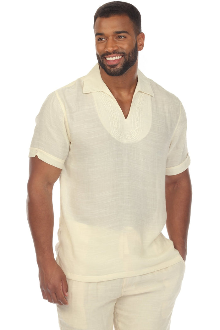Beach V-Neck Collar Shirt Short Sleeve with Embroidered Accent