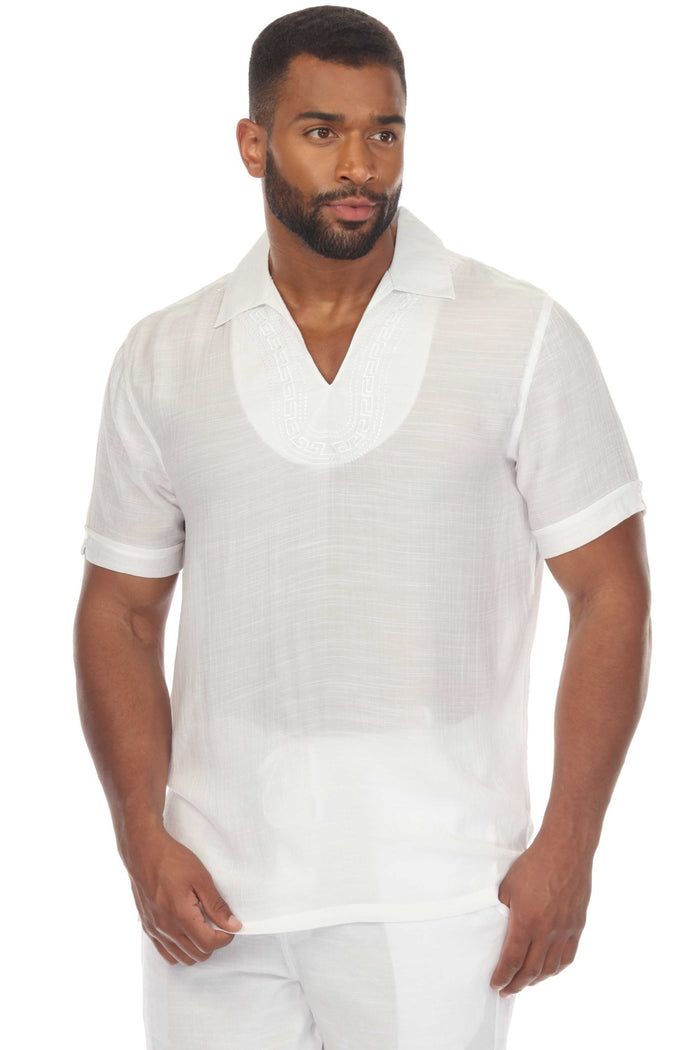 Beach V-Neck Collar Shirt Short Sleeve with Embroidered Accent