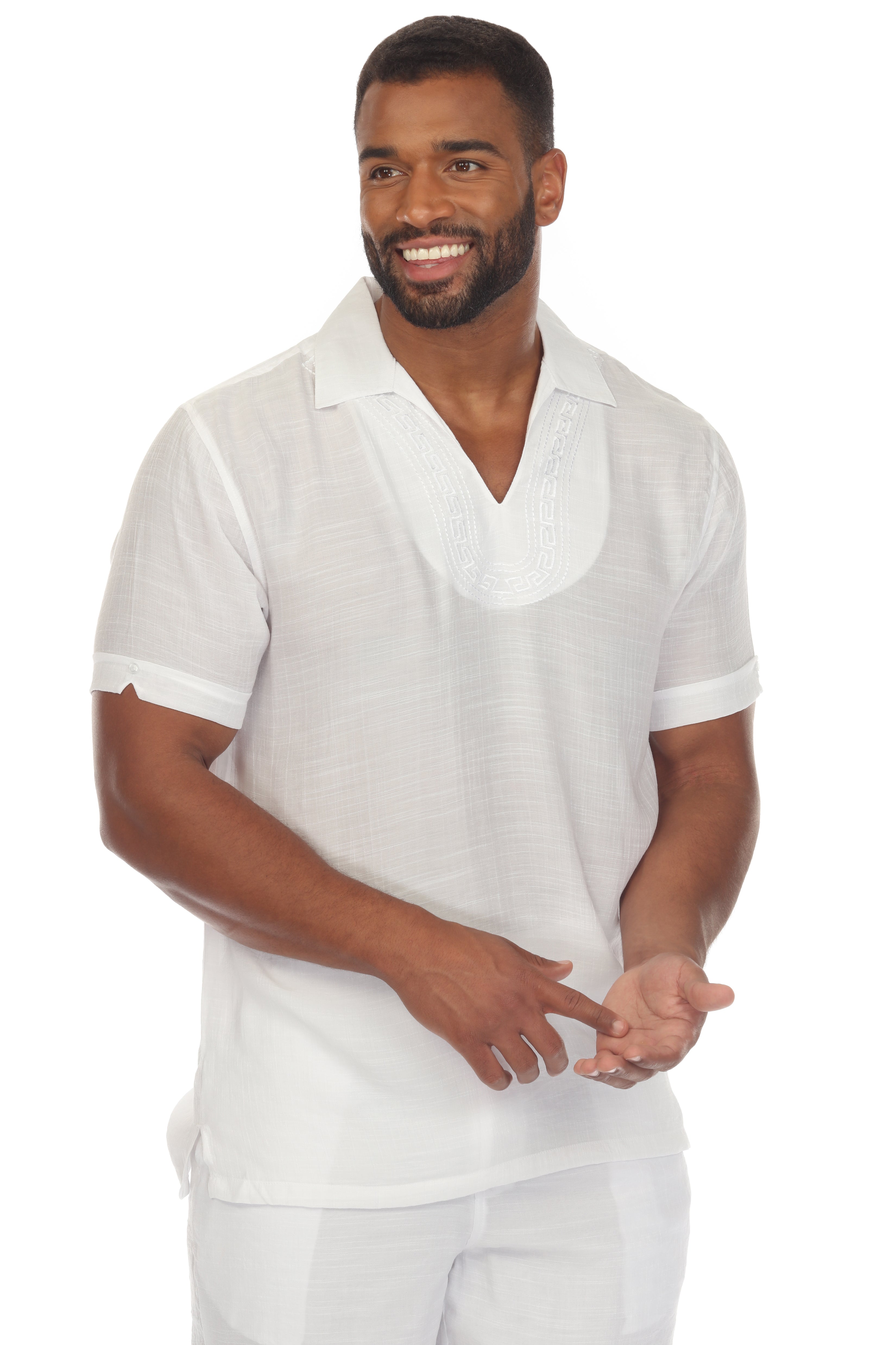 Camisa playera de cuello en V para hombre, manga corta, con detalle bordado