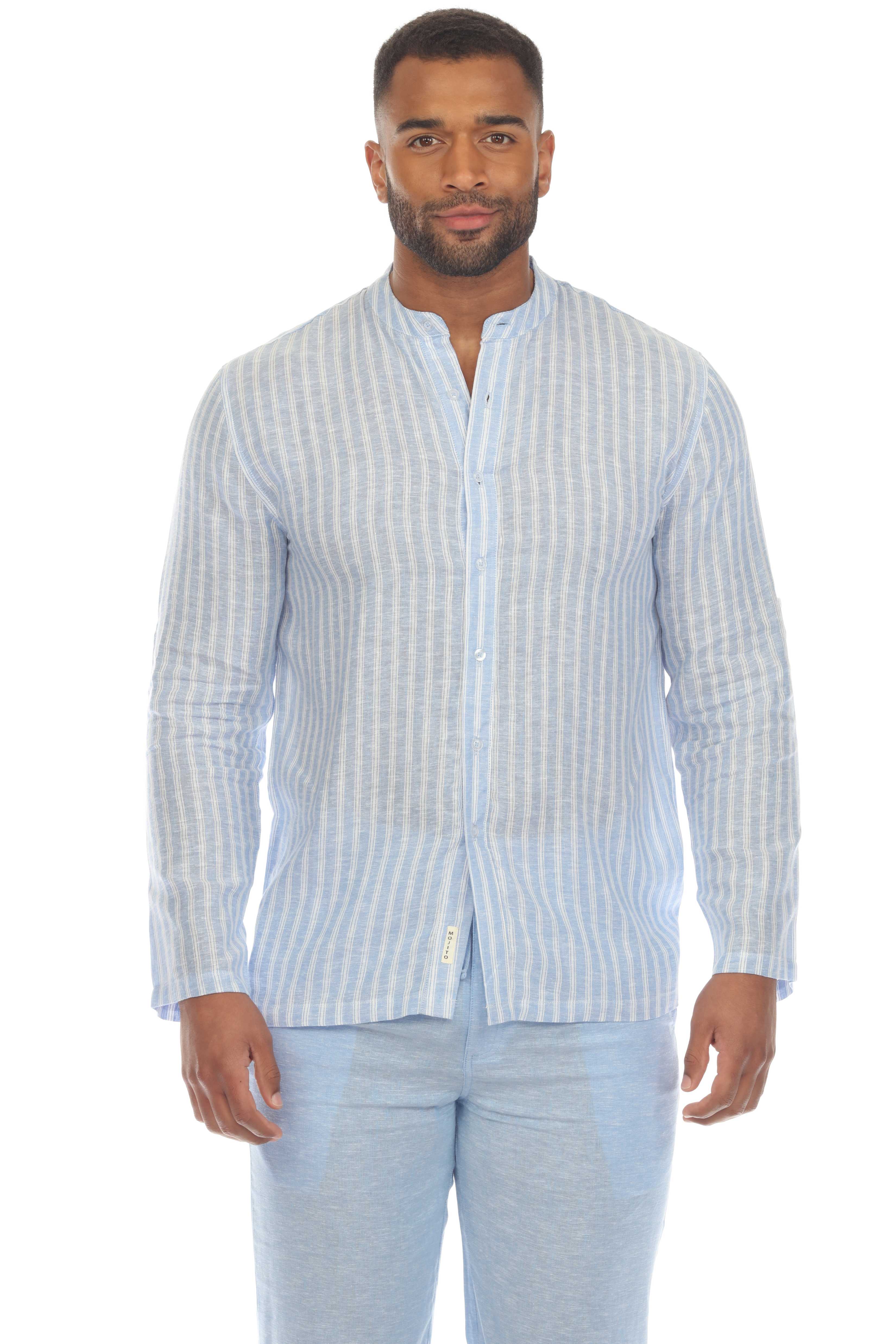 Camisa informal de lino con cuello mandarín, manga larga y estampado de rayas para hombre de Mojito, ideal para playa y resort