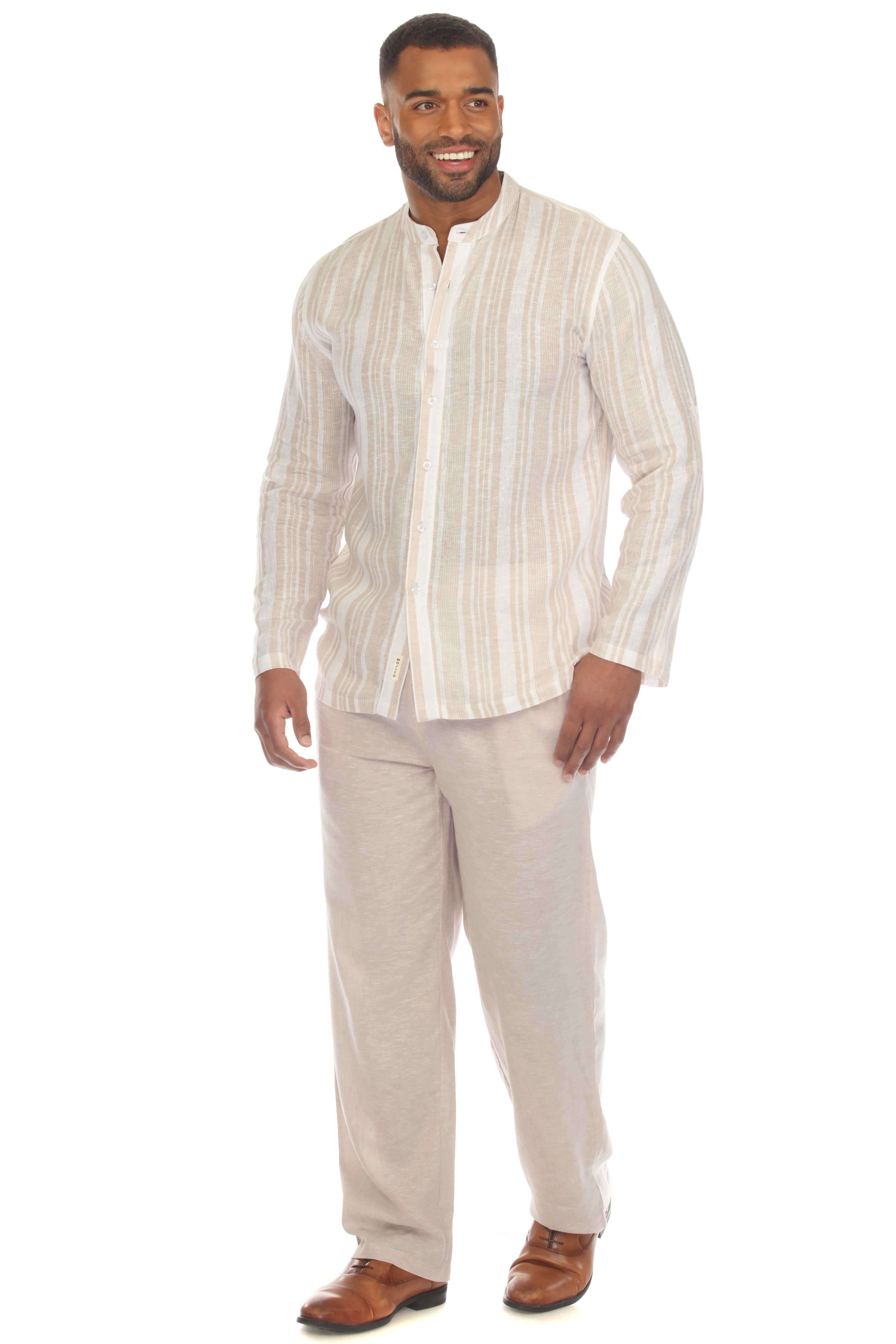 Camisa informal de lino con cuello mandarín, manga larga y estampado de rayas para hombre de Mojito, ideal para playa y resort