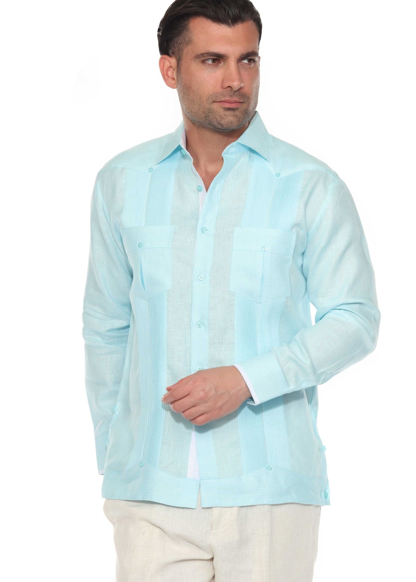 Men’s 100% Linen Long Sleeve Guayabera – Contrast Panel & Tonal Pleats