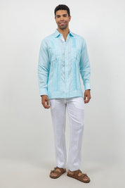Camisa Guayabera de Manga Larga con Paneles en Contraste 100% Lino