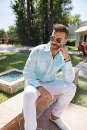 Mojito Men’s 100% Linen Long Sleeve Guayabera – Contrast Panel & Tonal Pleats