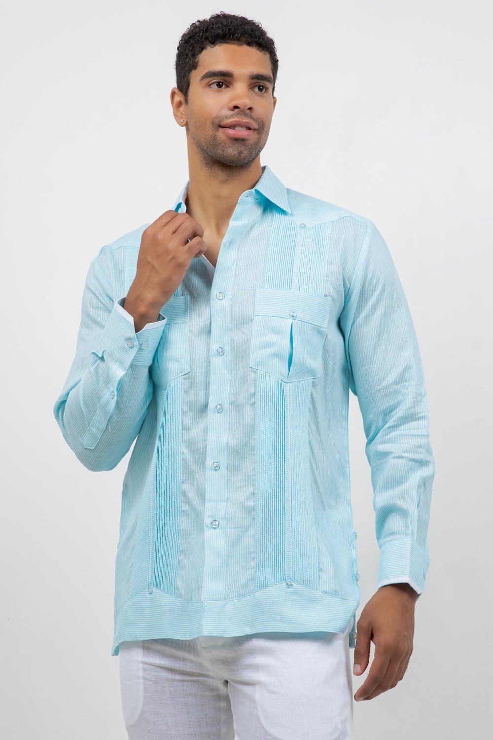 Camisa Guayabera de Manga Larga con Paneles en Contraste 100% Lino