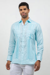 Camisa Guayabera de Manga Larga con Paneles en Contraste 100% Lino