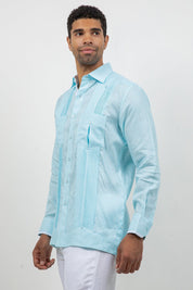 Camisa Guayabera de Manga Larga con Paneles en Contraste 100% Lino