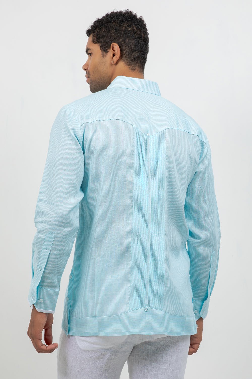 Camisa Guayabera de Manga Larga con Paneles en Contraste 100% Lino