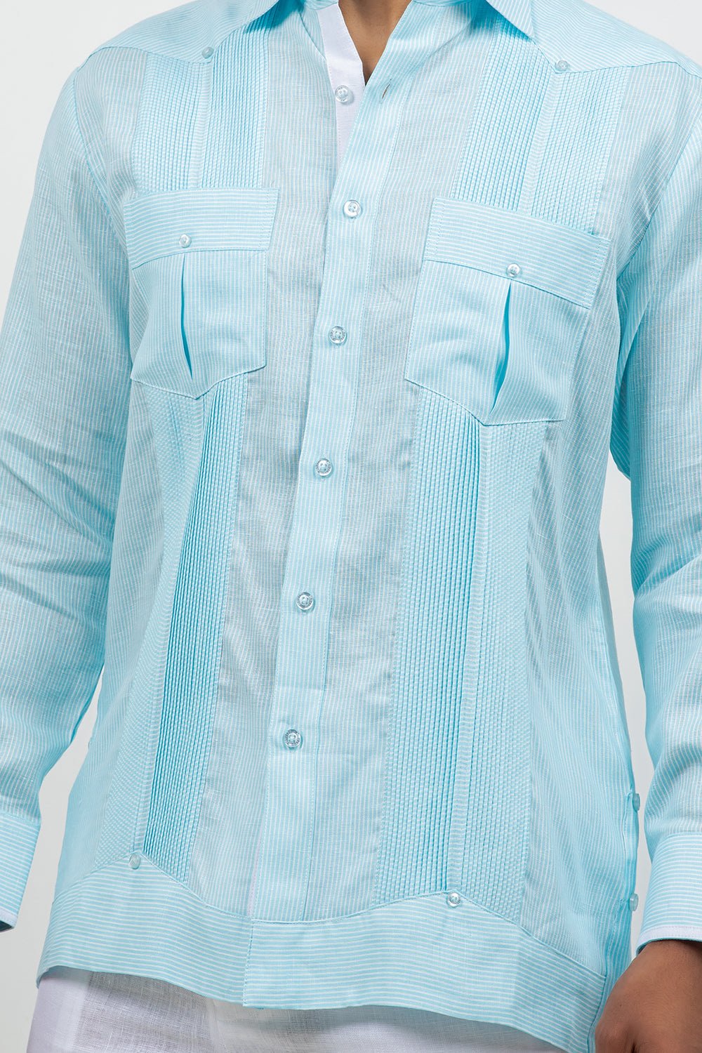Camisa Guayabera de Manga Larga con Paneles en Contraste 100% Lino
