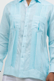 Camisa Guayabera de Manga Larga con Paneles en Contraste 100% Lino