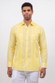 Men's pale yellow linen contrast panel guayabera shirt, long sleeve, full-length front view, resort evening shirt, Mojito Collection