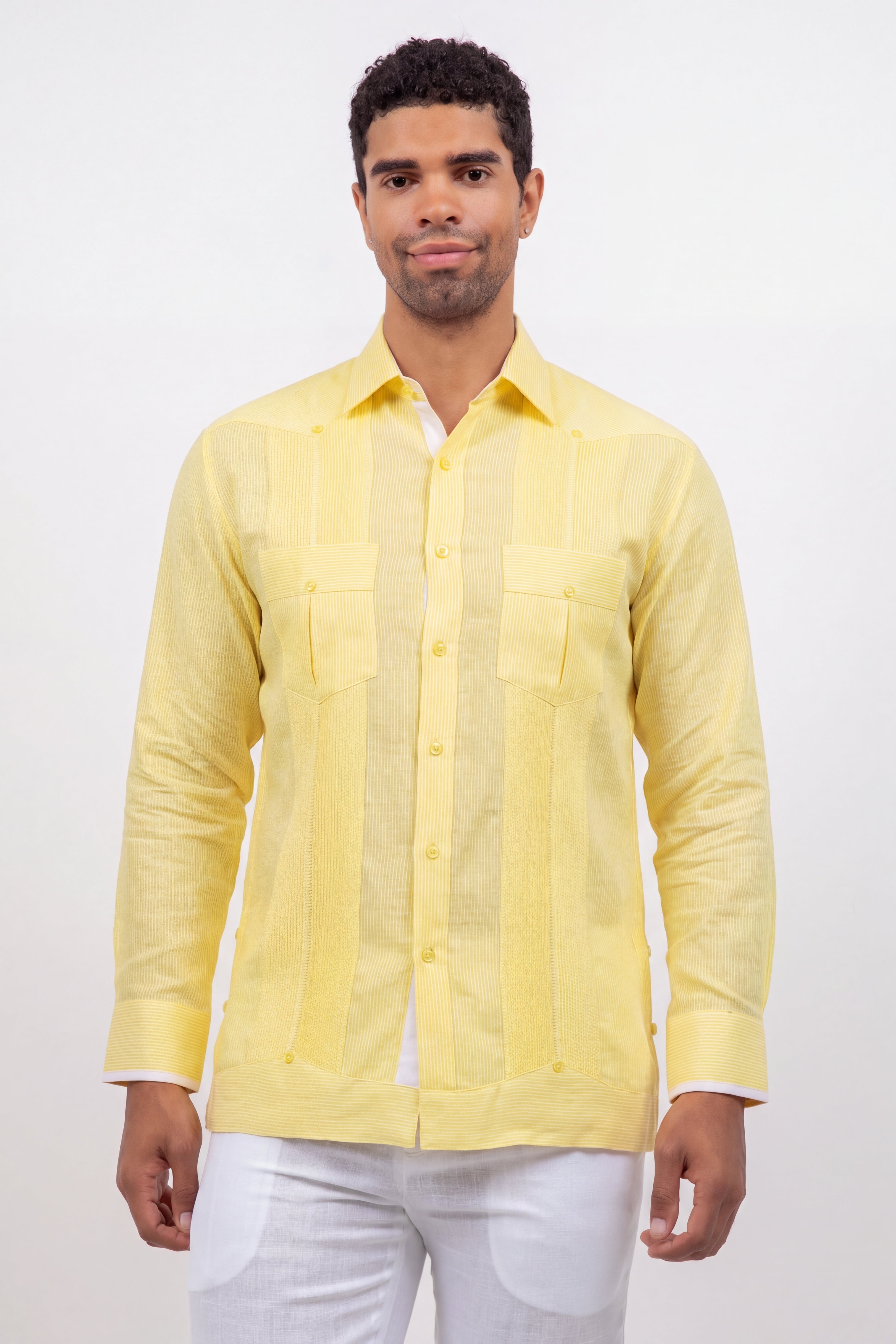 Men's pale yellow linen contrast panel guayabera shirt, long sleeve, full-length front view, resort evening shirt, Mojito Collection
