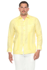Guayabera de manga larga para hombre, 100 % lino, con paneles en contraste y pliegues tonales