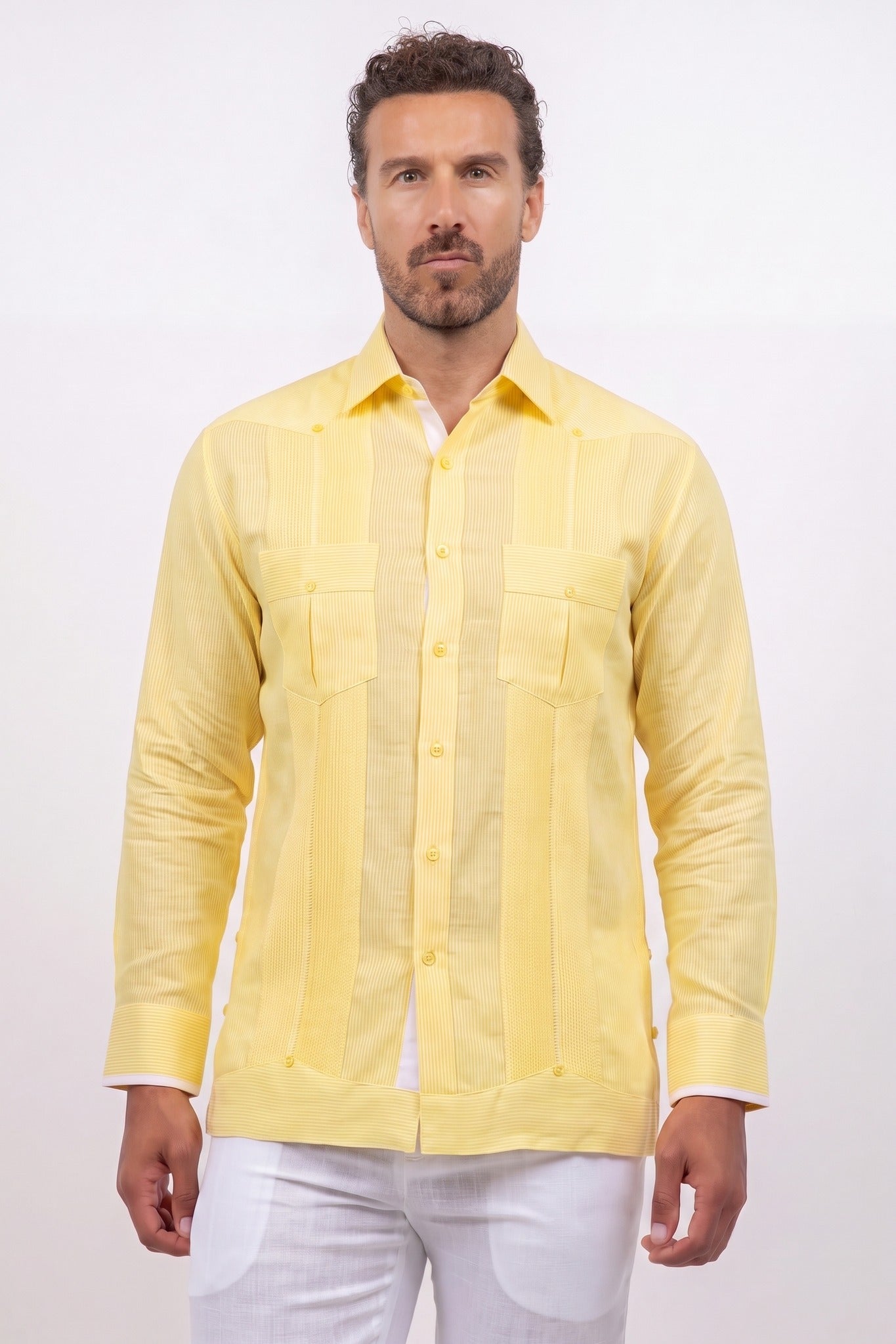 Men's pale yellow linen contrast panel guayabera shirt, long sleeve, front view, tonal pinstripe panels, Mojito Collection