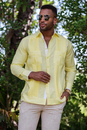 Mojito Men’s 100% Linen Long Sleeve Guayabera – Contrast Panel & Tonal Pleats