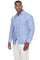 A man wears the 100% Linen Contrast Panel Guayabera Shirt; the shirt is blue and white striped with textured panels.