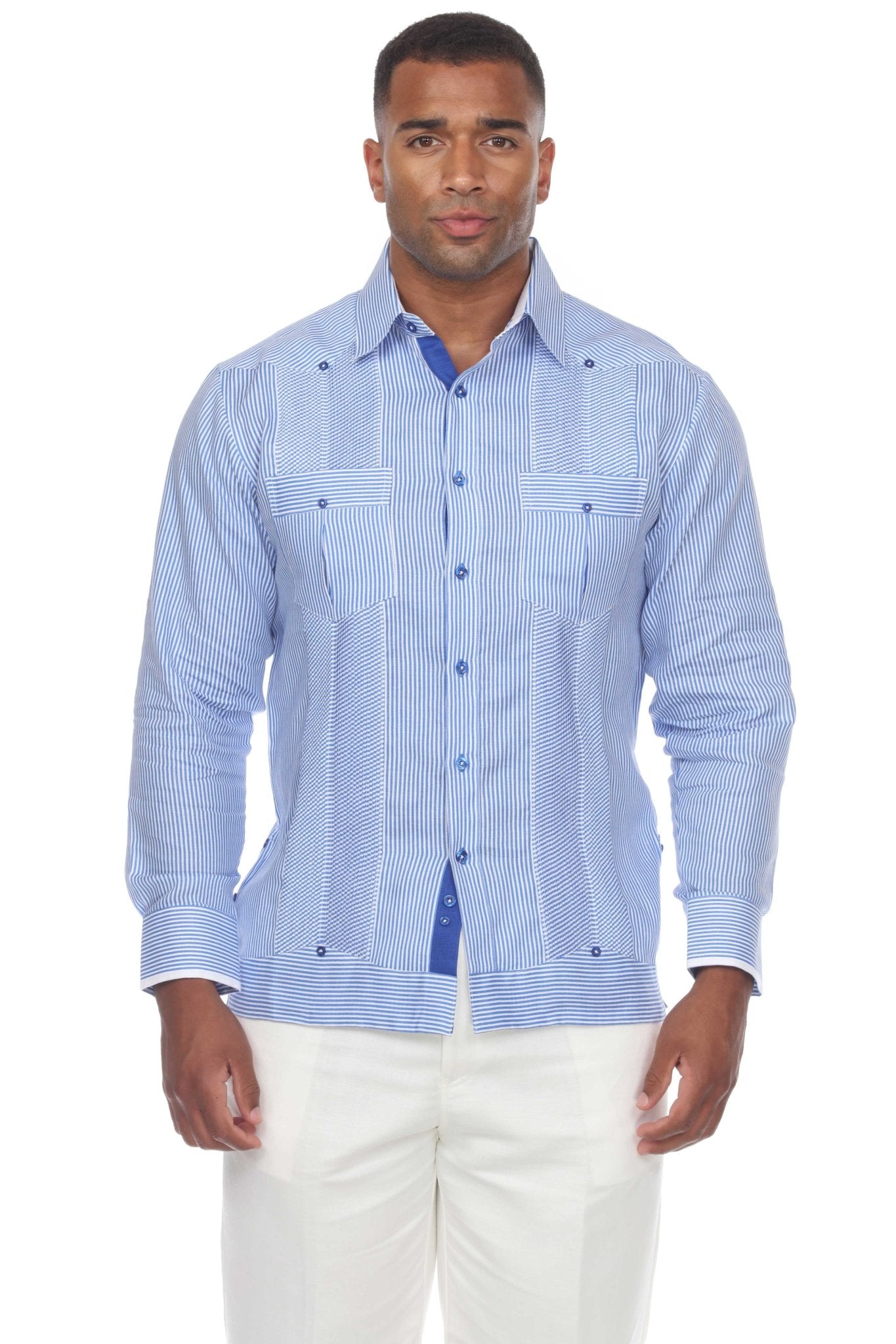 A man wearing a blue and white striped 100% Linen Contrast Panel Guayabera Shirt Long Sleeve, shown from the front.