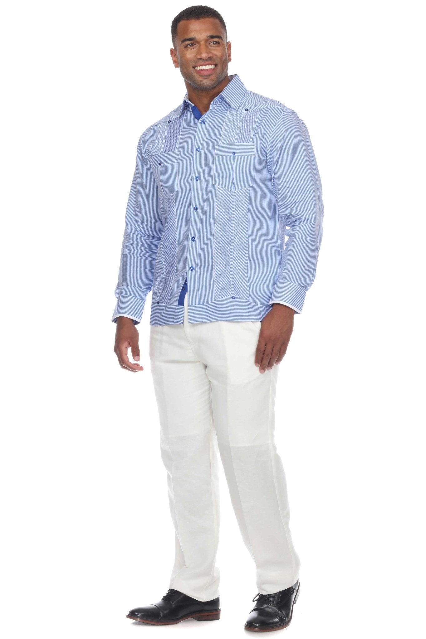 Front view of a man wearing a blue and white striped 100% Linen Contrast Panel Guayabera Shirt Long Sleeve.