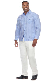 Mojito Men’s 100% Linen Long Sleeve Guayabera – Contrast Panel & Tonal Pleats