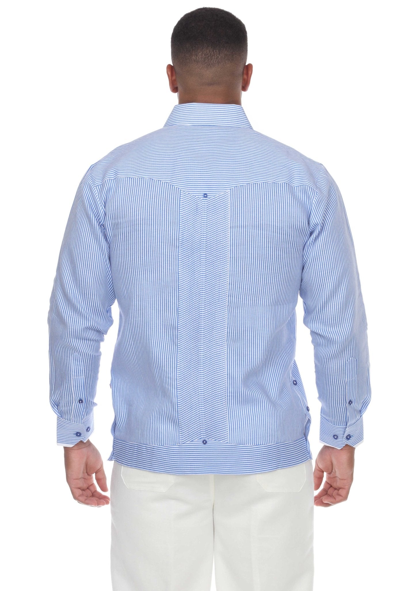 Back view of a blue striped, long sleeve 100% Linen Contrast Panel Guayabera Shirt.