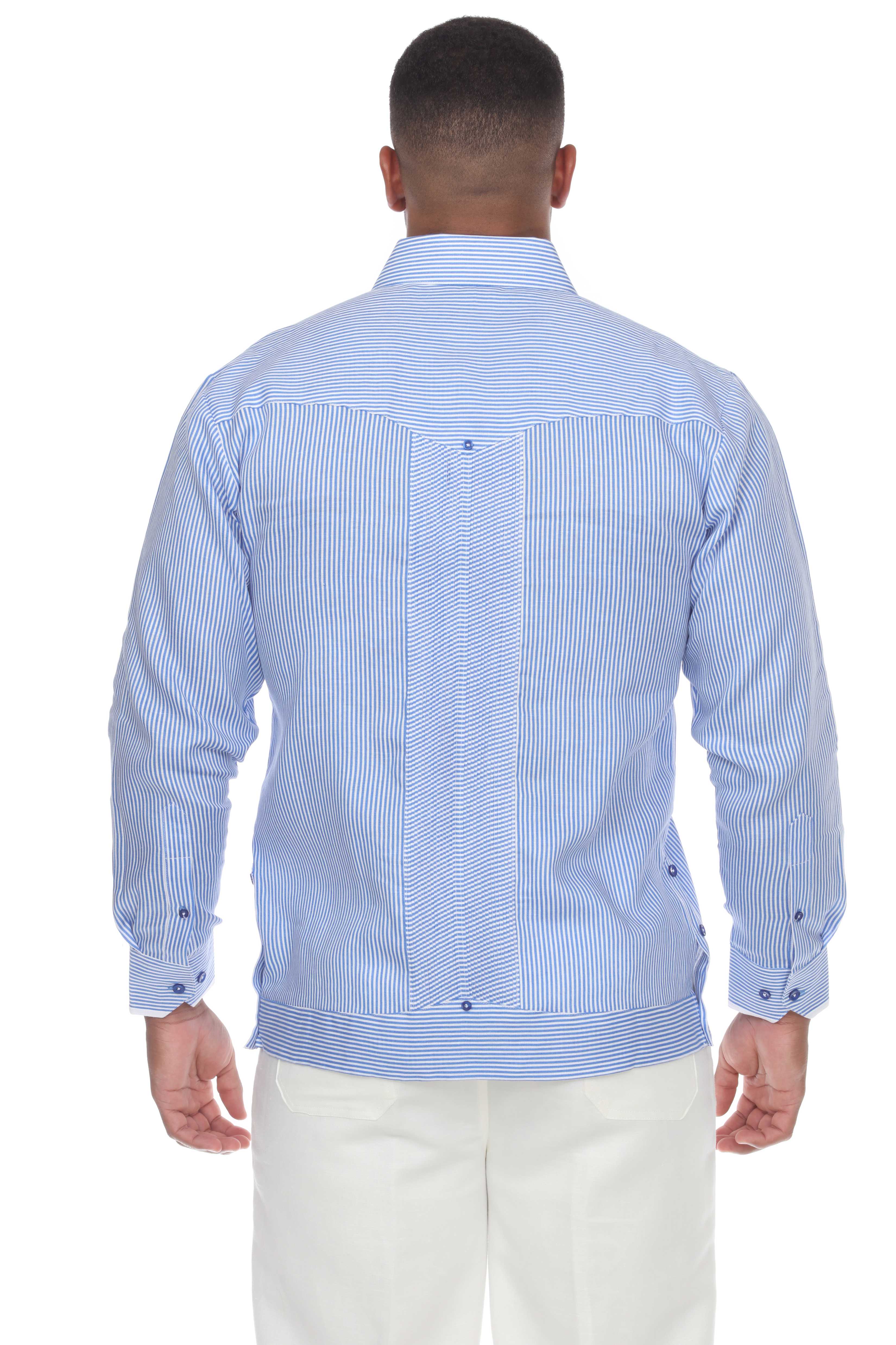 Mojito Men’s 100% Linen Long Sleeve Guayabera – Contrast Panel & Tonal Pleats