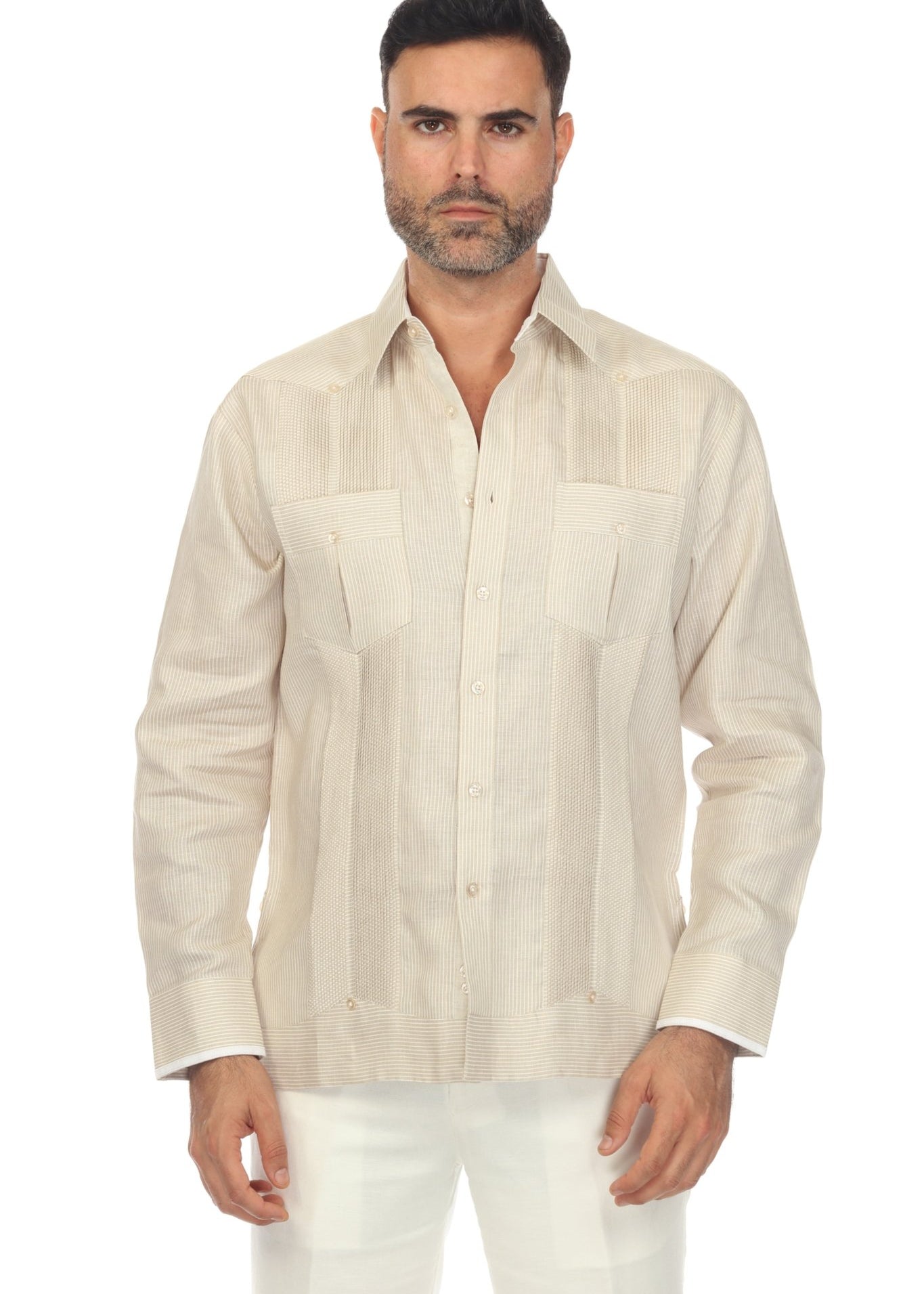 Men’s 100% Linen Long Sleeve Guayabera – Contrast Panel & Tonal Pleats