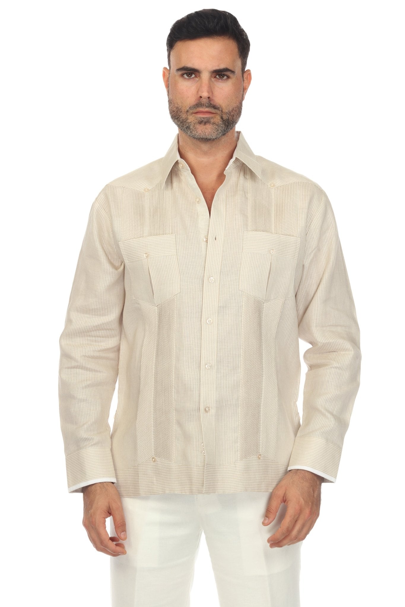 Front view of a man wearing a long sleeve, beige 100% Linen Contrast Panel Guayabera Shirt.