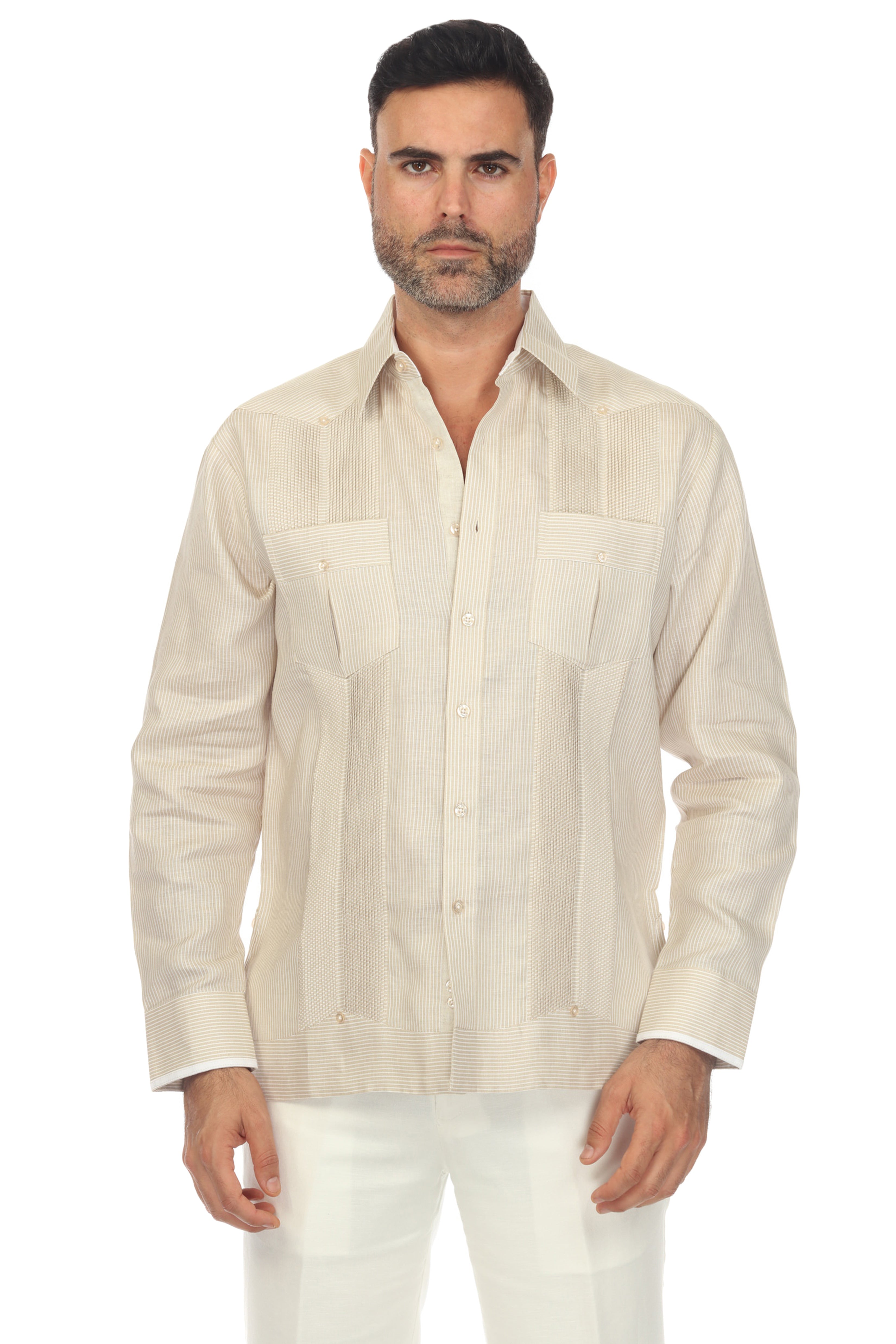 Mojito Men’s 100% Linen Contrast Panel Guayabera Long Sleeve with Refined Detailing