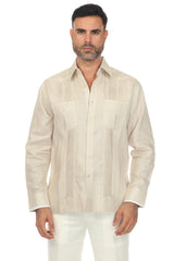 Guayabera de manga larga para hombre, 100 % lino, con paneles en contraste y pliegues tonales