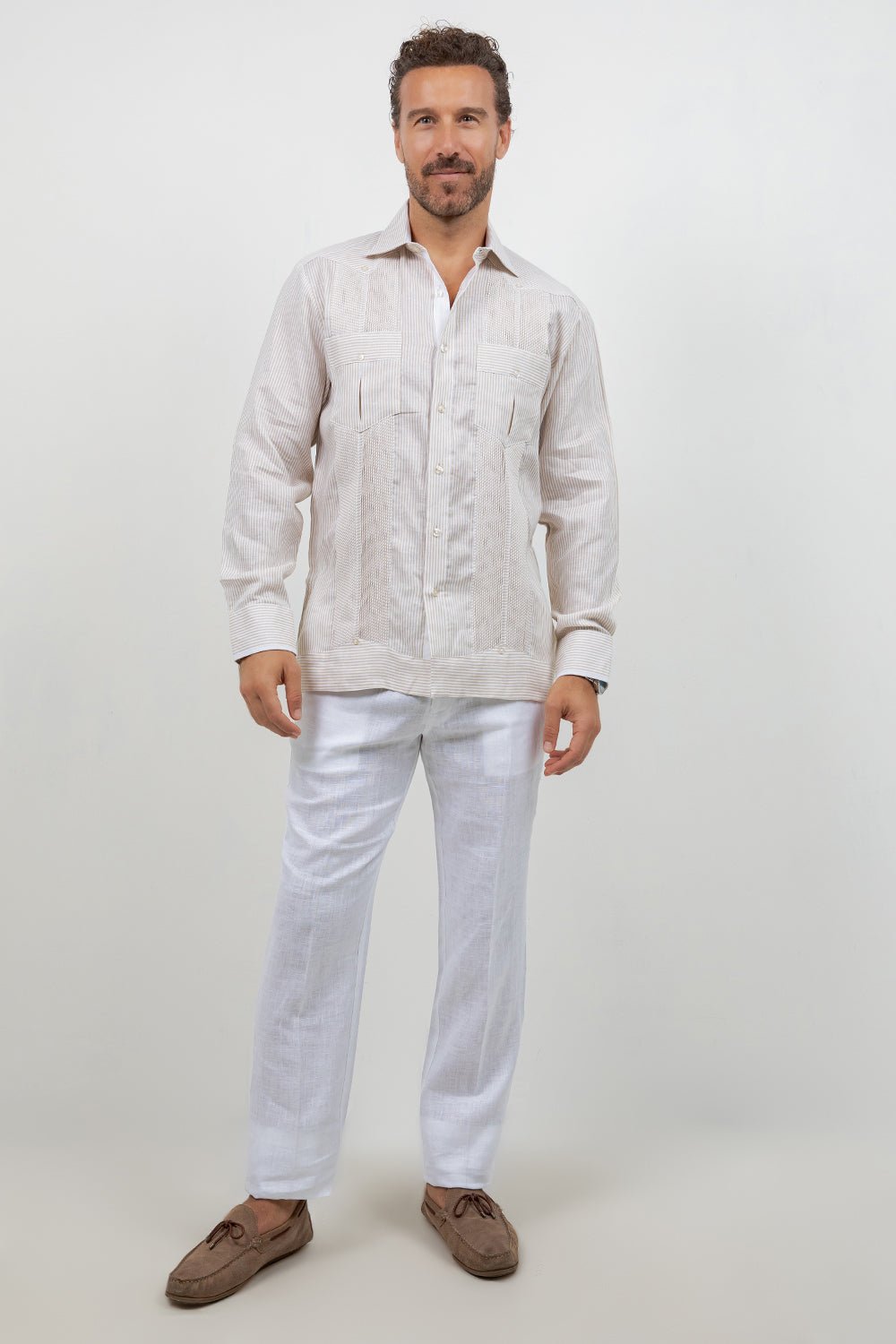 Camisa Guayabera de Manga Larga con Paneles en Contraste 100% Lino