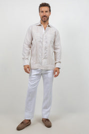 Camisa Guayabera de Manga Larga con Paneles en Contraste 100% Lino