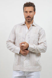 Camisa Guayabera de Manga Larga con Paneles en Contraste 100% Lino