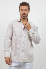 Camisa Guayabera de Manga Larga con Paneles en Contraste 100% Lino