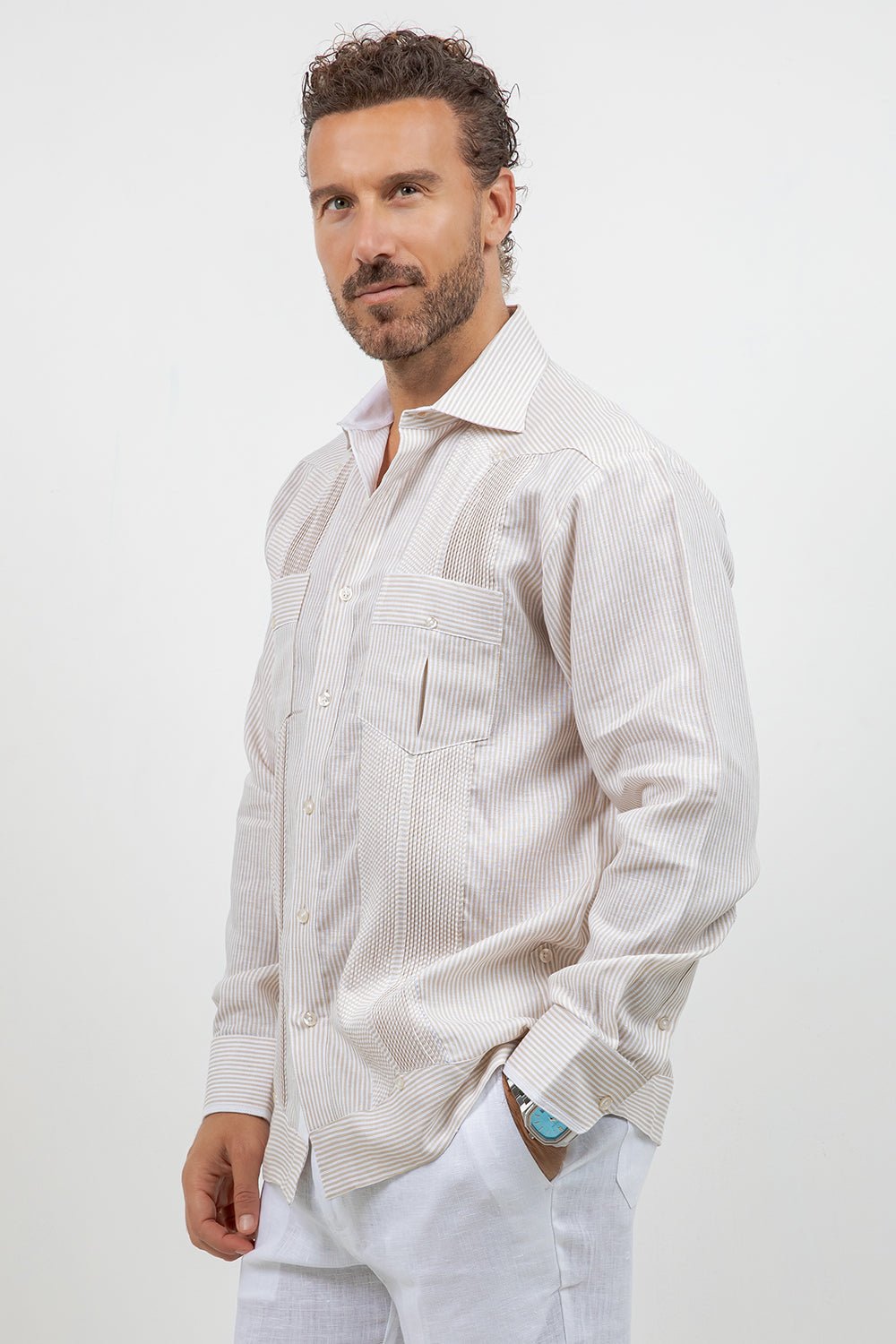 Camisa Guayabera de Manga Larga con Paneles en Contraste 100% Lino