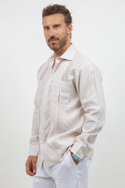 Camisa Guayabera de Manga Larga con Paneles en Contraste 100% Lino